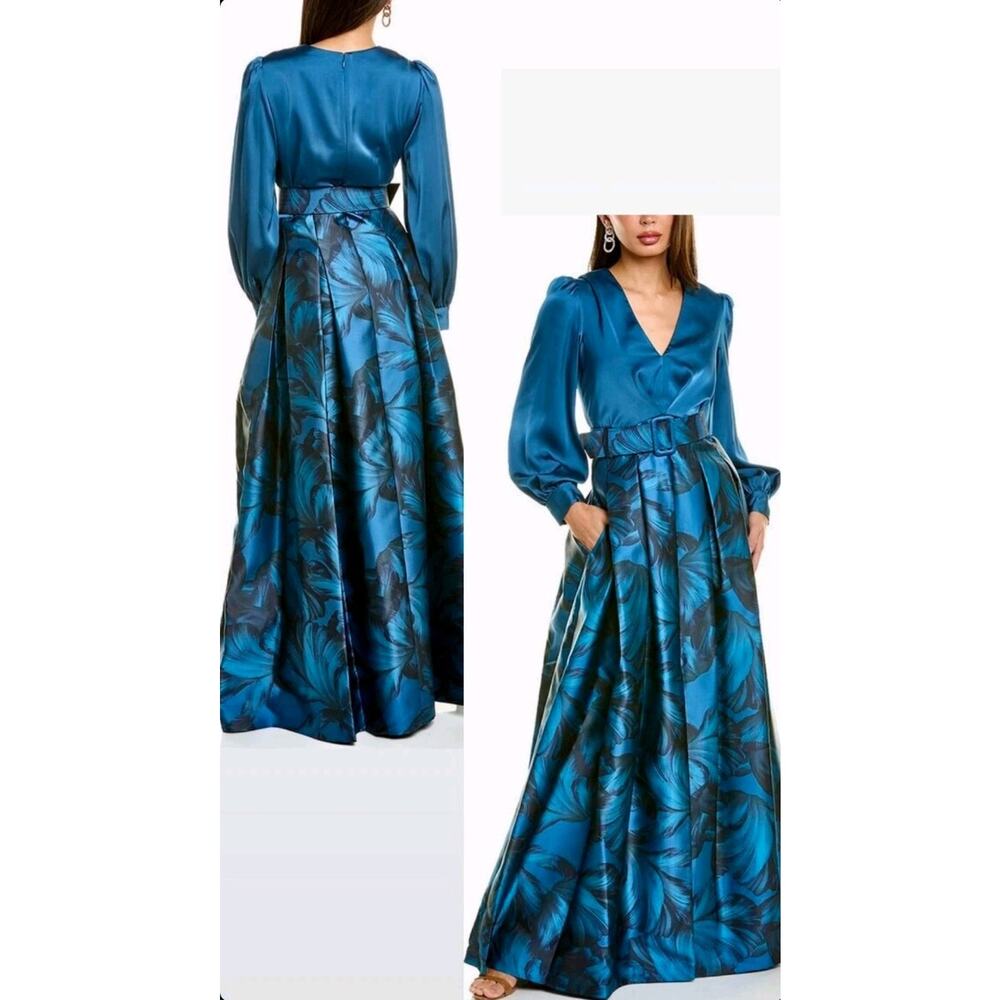 NWT $958 SACHIN & BABI Zoe Floral-print Satin Gown BlueSz 4 NEW wedding Guest
